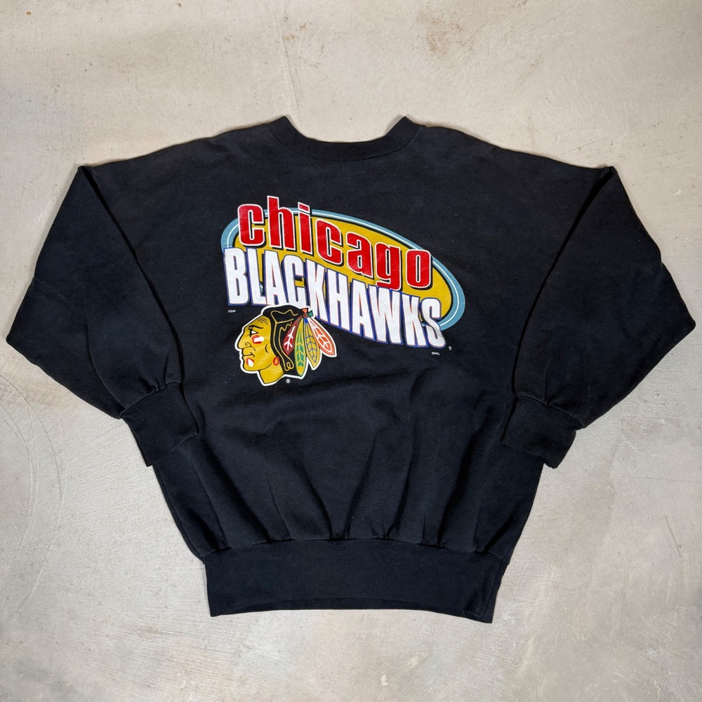 Vintage 90s Chicago Blackhawks CGW Crewneck Sweatshirt Black Mens Medium Canada